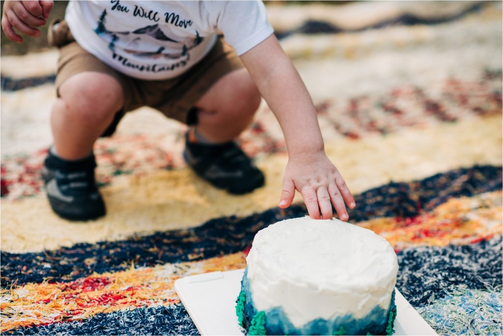 Boy sticking fingers in cake for Lions Park cake smash.